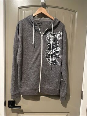 Gray Zip-Up Hoodie Sweater with Graphic